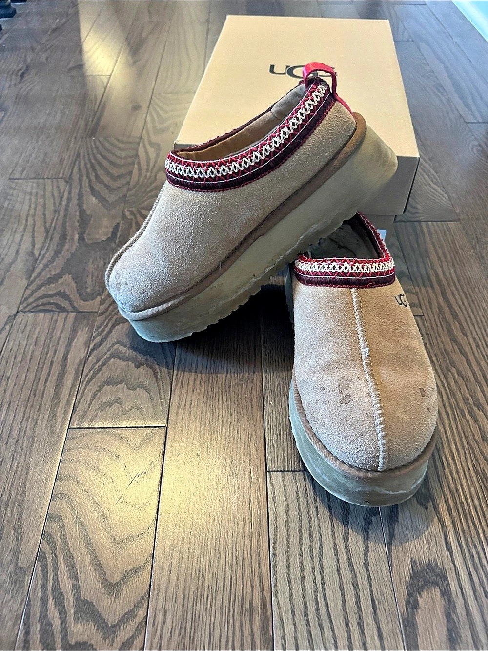 Slipper Suede Mules in Brown & Red